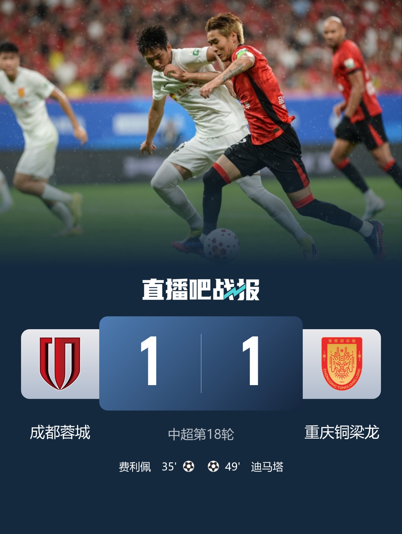 费利佩破门中框难救主 蓉城1-1铜梁龙联赛两连平仍14分领跑