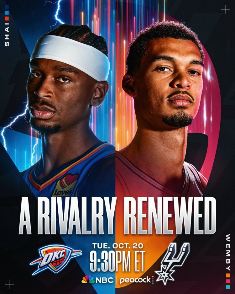 NBA官宣揭幕战海报：亚历山大VS文班亚马宿敌重逢